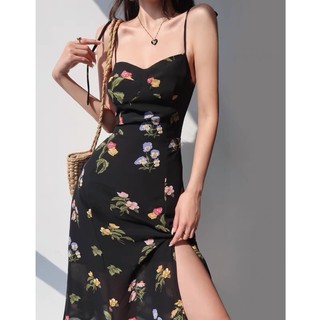 Đầm hai dây đen hoạ tiết hoa hàng Taobao