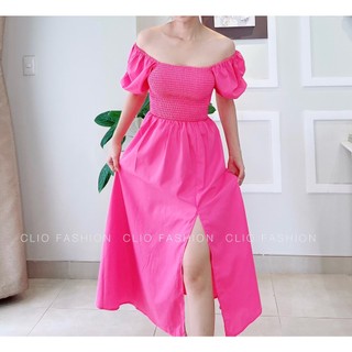 Đầm hồng smocking tay bồng