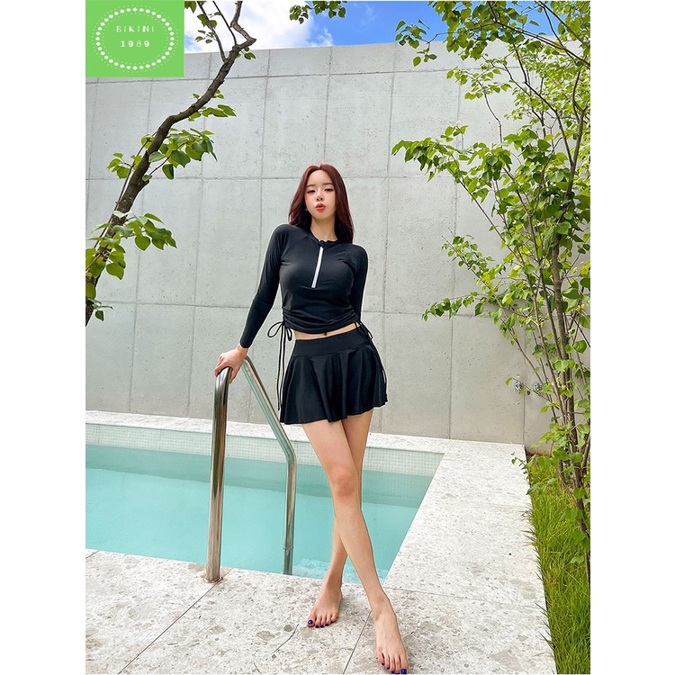 Bộ bơi đồ bơi Bộ bikini đi biển dài tay rút eo quần váy cạp cao kín đáo chống nắng phong cách hàn quốc
