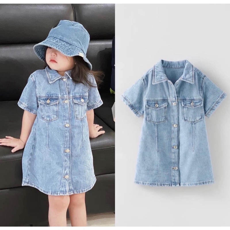 Váy bé gái,Váy jean bò cộc tay tặng kèm mũ cho bé gái