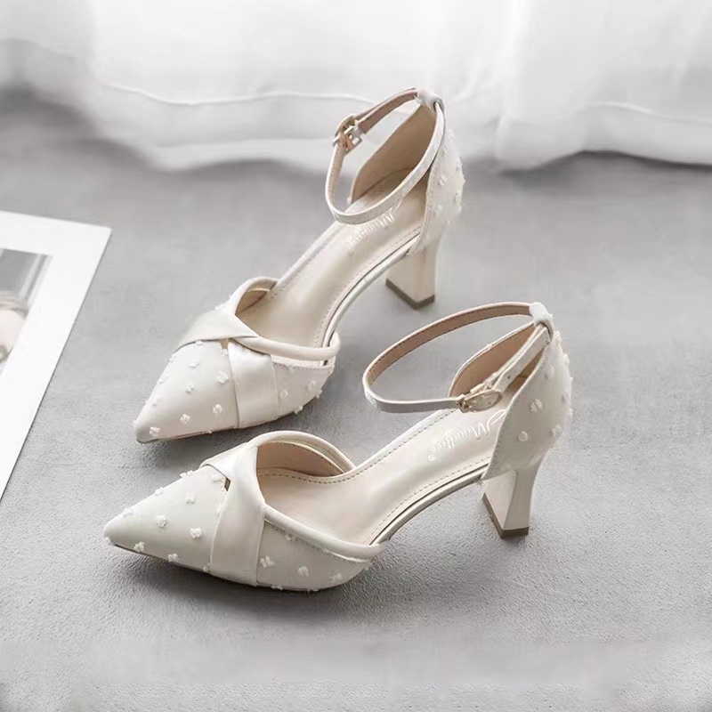 Rsevp giày cao gót trắng cô dâu giày cao gót trắng đế vuông giày cao gót mũi nhọn đính đá giày cao gót mũi nhọn 5p Sandal Mũi Nhọn Gót Dày Thời Trang Xuân Hè 2021 Mới Cho Nữ