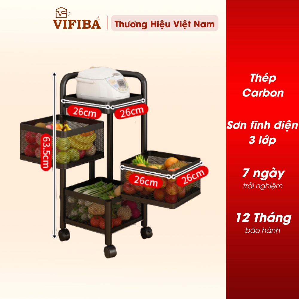 Kệ xoay nhà bếp VIFIBA Loại vuông 3 Tầng 26x26x65cm Sơn tĩnh điện Thép carbon không gỉ Màu đen