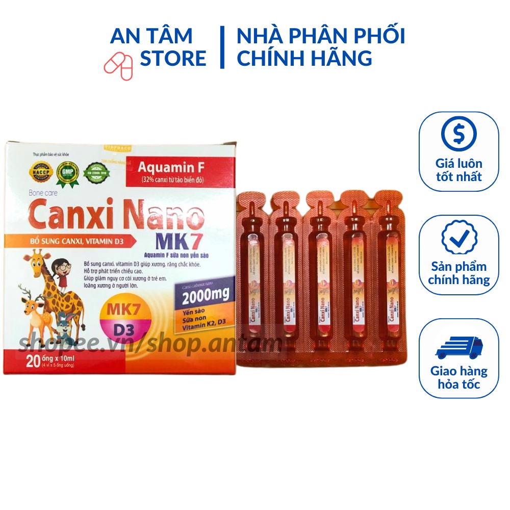 Canxi nano K2 D3 MK7 aquamin F tảo biển đỏ - Bổ sung canxi cho bé vitamin D3 giúp xương răng chắc khỏe Hộp 20 ống