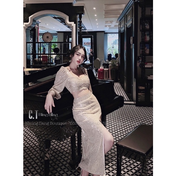 Set kim sa sao cut xẻ váy mặc dự tiệc