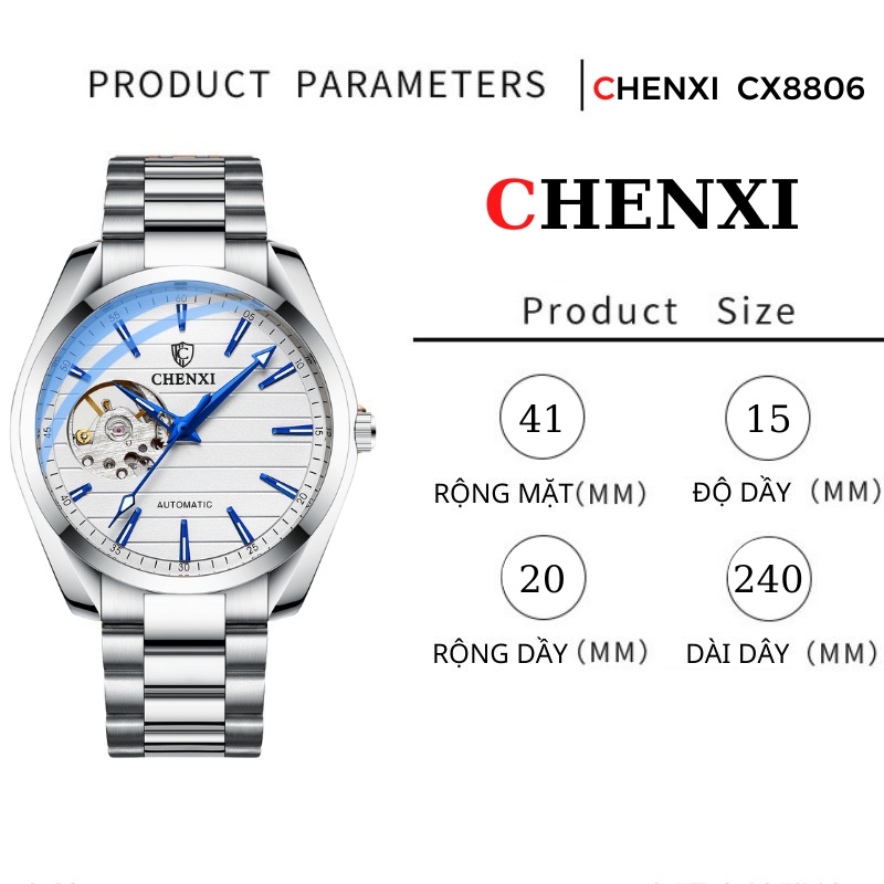 Đồng Hồ Cơ Nam Chính Hãng CHENXI CX8806 Lộ Tim Cơ Dây Thép Đúc Đặc