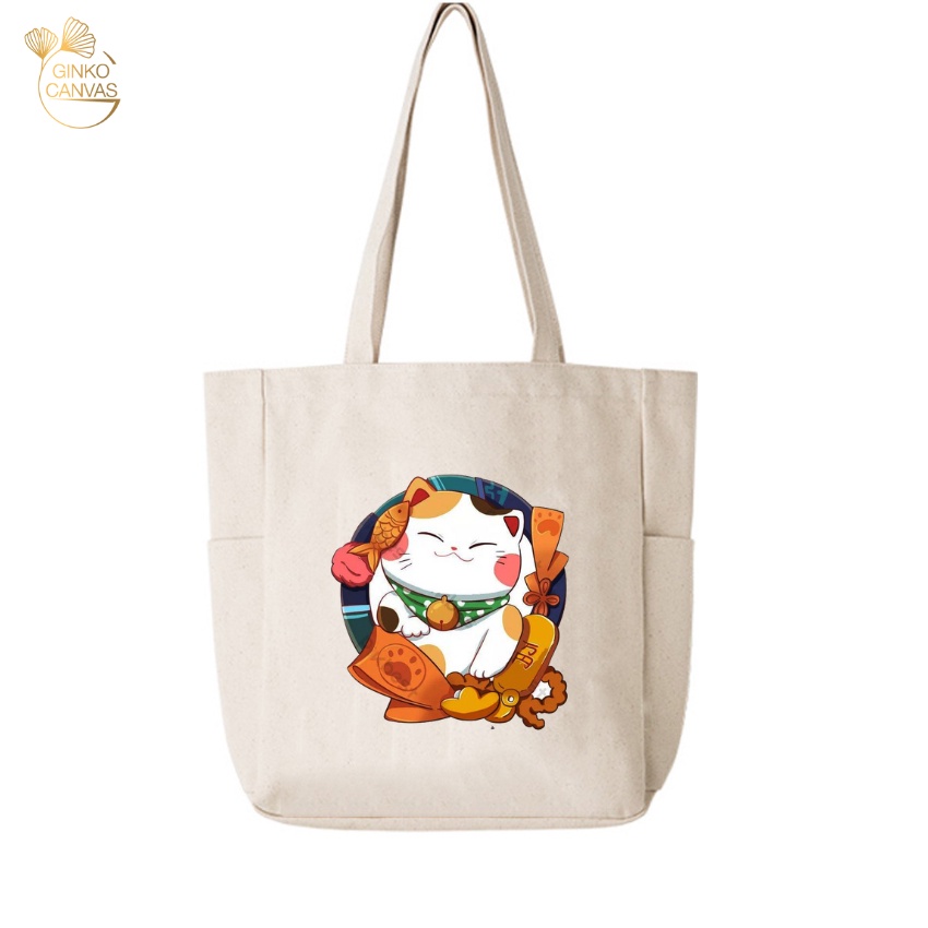 Túi Tote Vải Canvas GINKO Unisex Dáng Hộp( Có túi con bên trong) Phong Cách Hàn Quốc In Hình Mèo Thần Tài 2023 - HGK20