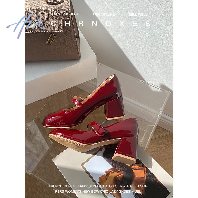 Giày Cao Gót Da Bóng Phong Cách Retro Pháp Cho Nữ