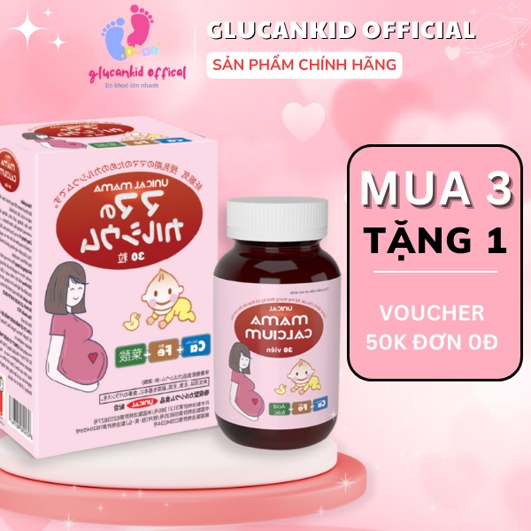 Canxi bầu Unical Mama Calcium lọ 30 viên Chính Hãng, Canxi cho bà bầu hỗ trợ bổ sung GLUCANKID