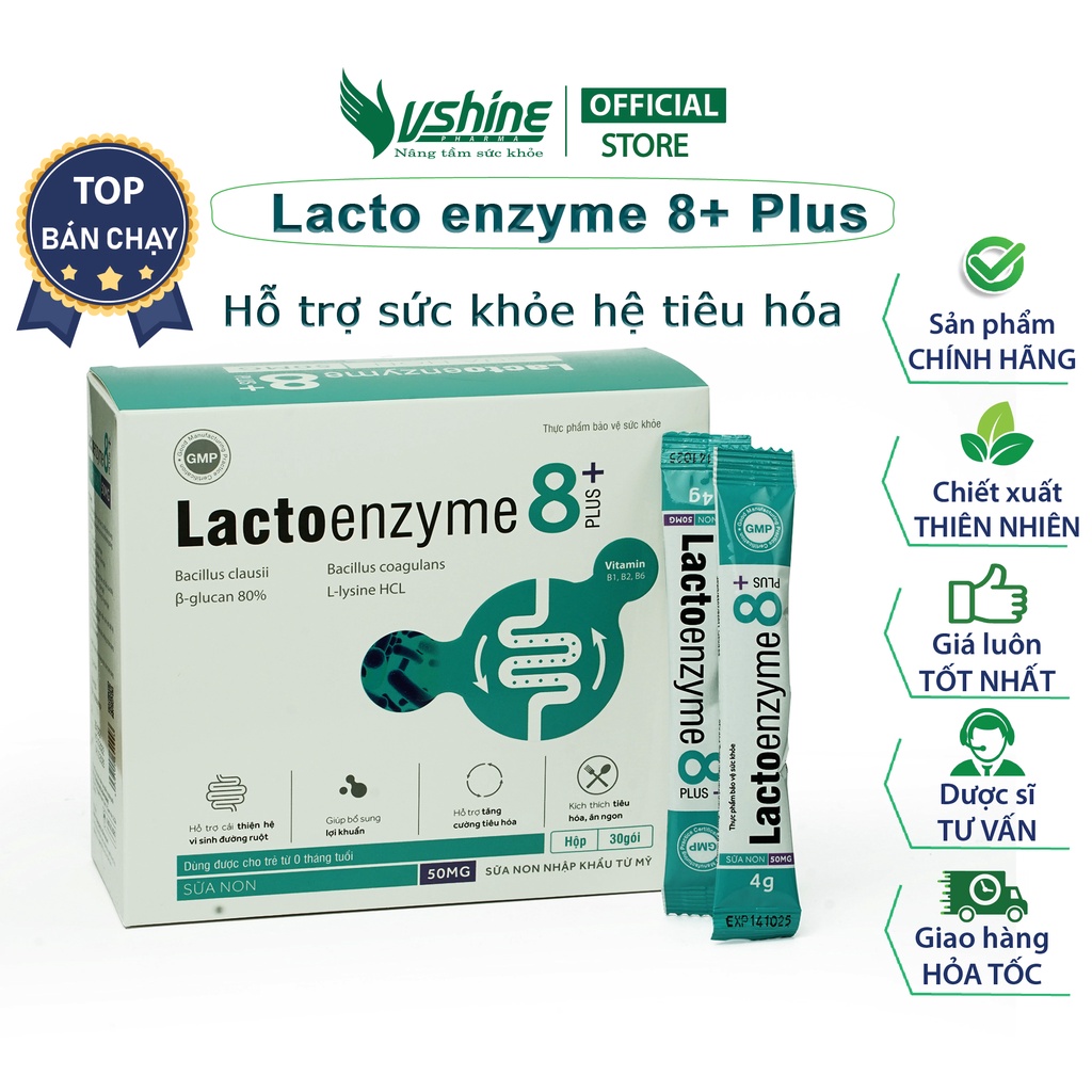 [Mã BMLT35 giảm đến 35K đơn 99K] Lacto enzim 8+ Plus Vshine bổ sung lợi khuẩn đường ruột , hỗ trợ tiêu hóa - Hộp 30 gói
