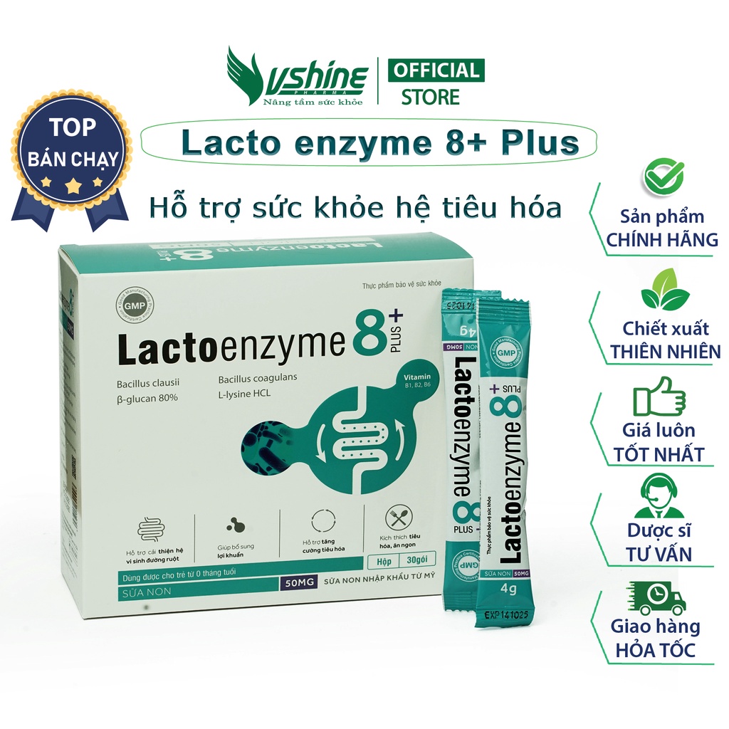 Lacto enzim 8+ Plus Vshine bổ sung lợi khuẩn đường ruột , hỗ trợ tiêu hóa - Hộp 30 gói
