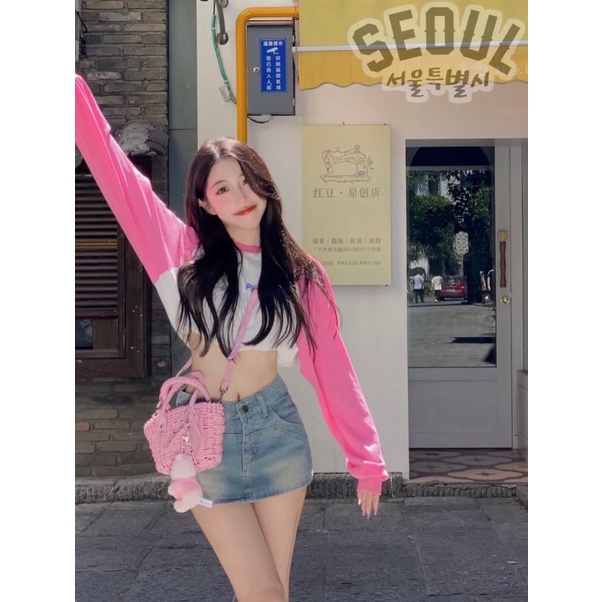 HANNI GIRL Quần Jeans Giả Váy Cạp Ngắn Dáng Chữ A Sexy Hàn Quốc Style