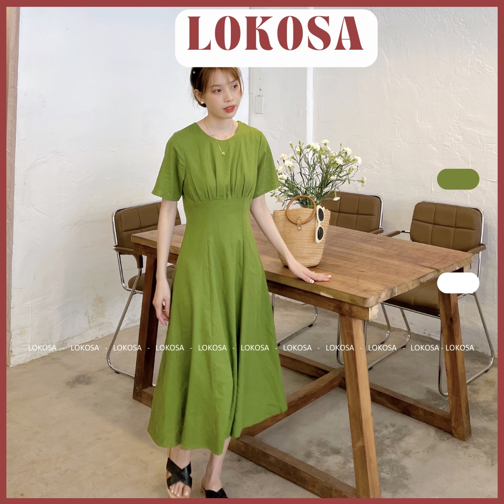 Đầm Linen midi Cổ Tròn Nhún Ngực LOKOSA váy công sở thanh lịch sang trọng VD007 | BigBuy360 - bigbuy360.vn