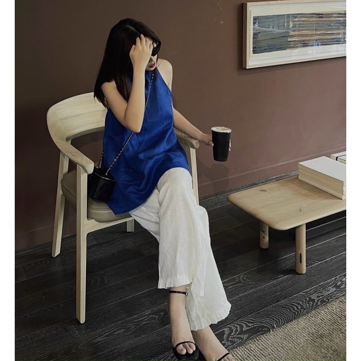 SET ÁO PEPLUM YẾM XẺ LƯNG XANH + QUẦN SUÔNG TRẮNG
