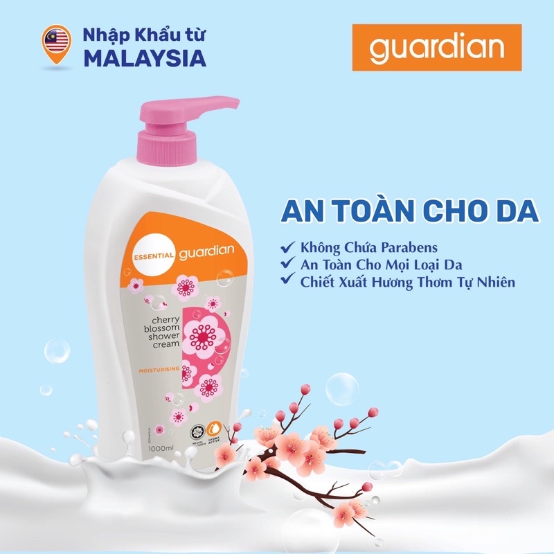 Sữa Tắm Sáng Mịn Da Guardian Cherry Blossom Silky Shower Cream Hoa Anh Đào 1000ml / 1L