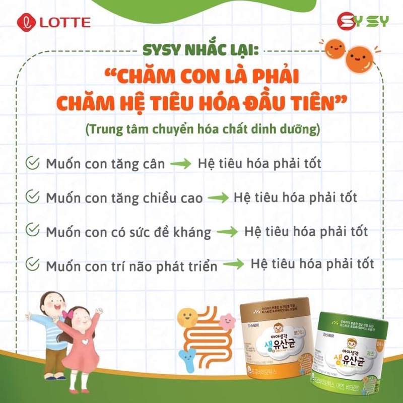 [Bill Hàn] Men vi sinh Hàn Quốc LOTTE FOOD SYSY KIDS cho trẻ từ 2 tuổi hết biếng ăn và táo bón, tiêu hoá khoẻ hộp 60 gói