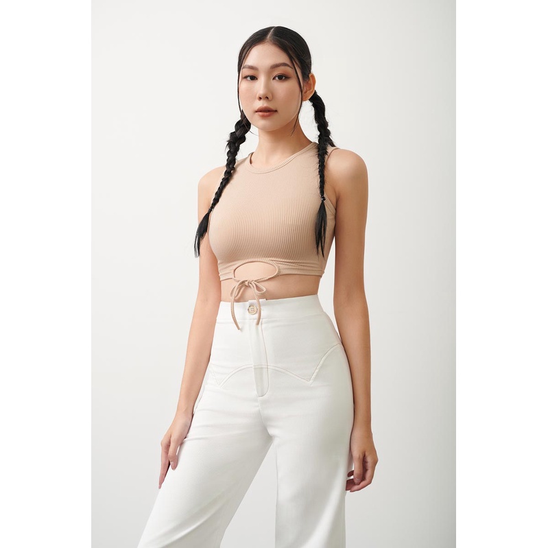 Áo thun croptop thắt dây tròn dưới thời trang GAGO màu be kem phong cách dễ thương quyến rũ GA4275