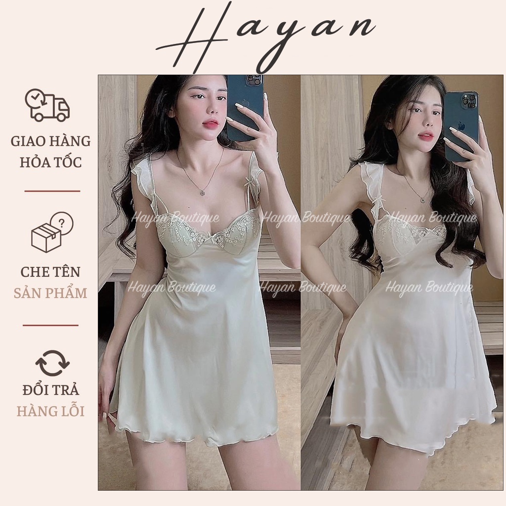 HT119 Váy ngủ sexy cánh tiên xẻ lưng kèm ĐỆM LÓT, đầm ngủ lụa phối ren CAO CẤP HT119