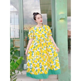 Đầm babydoll hoa vàng dáng rộng cổ tròn - Váy babydoll tay bồng chất thô lụa mẹ bầu bon chen