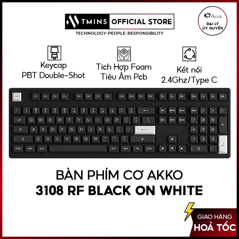 Bàn phím cơ AKKO 3108 RF White on Black (2.4Ghz / AKKO sw v3) - Hàng c