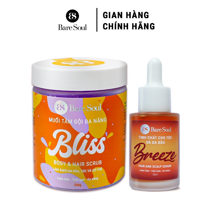 Combo dưỡng da đầu, phục hồi, giảm rụng tóc BareSoul BREEZE Hair & Scalp Serum 30ml và BLISS Body & Hair Scrub 330g