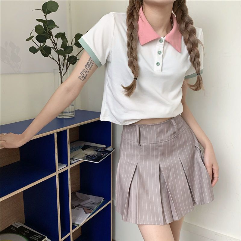 Jiashucheng Áo Croptop Tay Ngắn Eo Cao Màu Hồng Thời Trang Mùa Hè Phong Cách Mới Cho Nữ