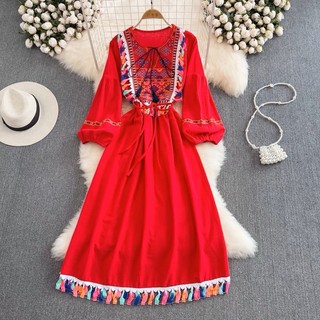 (Ảnh thật) Váy đầm maxi boho thổ cầm tua rua thêu hoa tay bồng thắt nơ miền núi Tây Bắc Sapa Mộc Châu