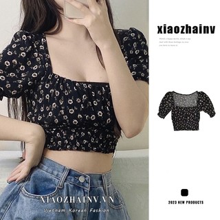 Xiaozhainv Áo Kiểu Tay Ngắn Cổ Vuông Họa Tiết Hoa Xinh Xắn Phong Cách Retro Hàn Quốc