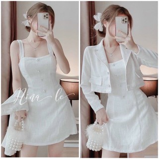 Đầm màu trắng 2 dây dáng chữ A phối áo khoác croptop mặc đi tiệc, đi chơi, đầm chụp kỉ yếu