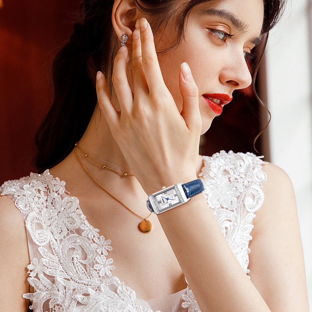 Đồng hồ đeo tay SKMEI máy thạch anh mặt chữ nhật dây đeo màu xanh dương đậm thời trang cho nữ
