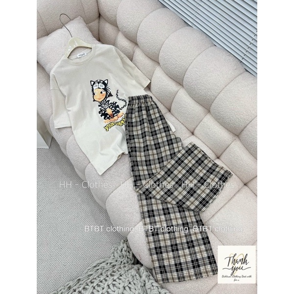 Bộ Áo Cotton Tàu Phối Quần Kẻ Dáng Rộng Cá Tính Mã KH15