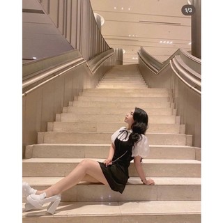 [ HÀNG CÓ SẴN ] ĐẦM ĐEN PHỐI CỔ TAY TRẮNG NƠ ĐEN