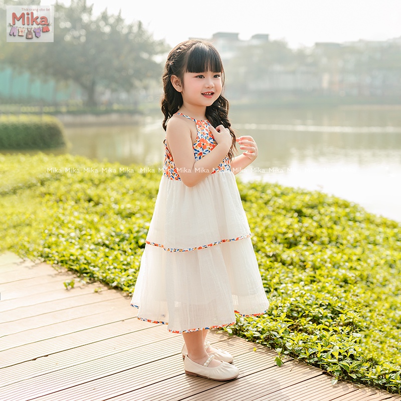 Đầm bé gái MIKA cổ yếm dáng xòe 2 tầng cho bé mặc đi biển . Đầm công chúa bé gái màu trắng kem mặc đi tiệc