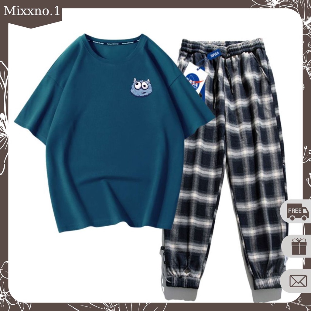Bộ Đồ Nam Mùa Hè Áo Thun Tay Ngắn In WANTED Phối Quần Jogger Kẻ Caro Thời Trang Mixxno.1 TOP NAM 261V1 + QUAN NAM 137V1