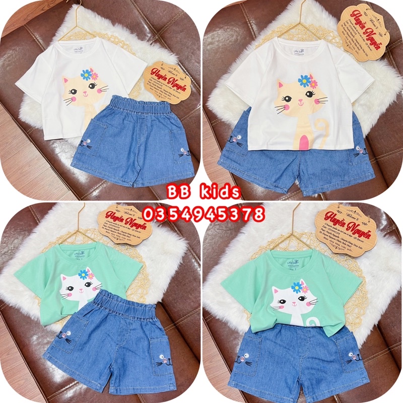 Set áo bé gái hình mèo phối quần sort lửng