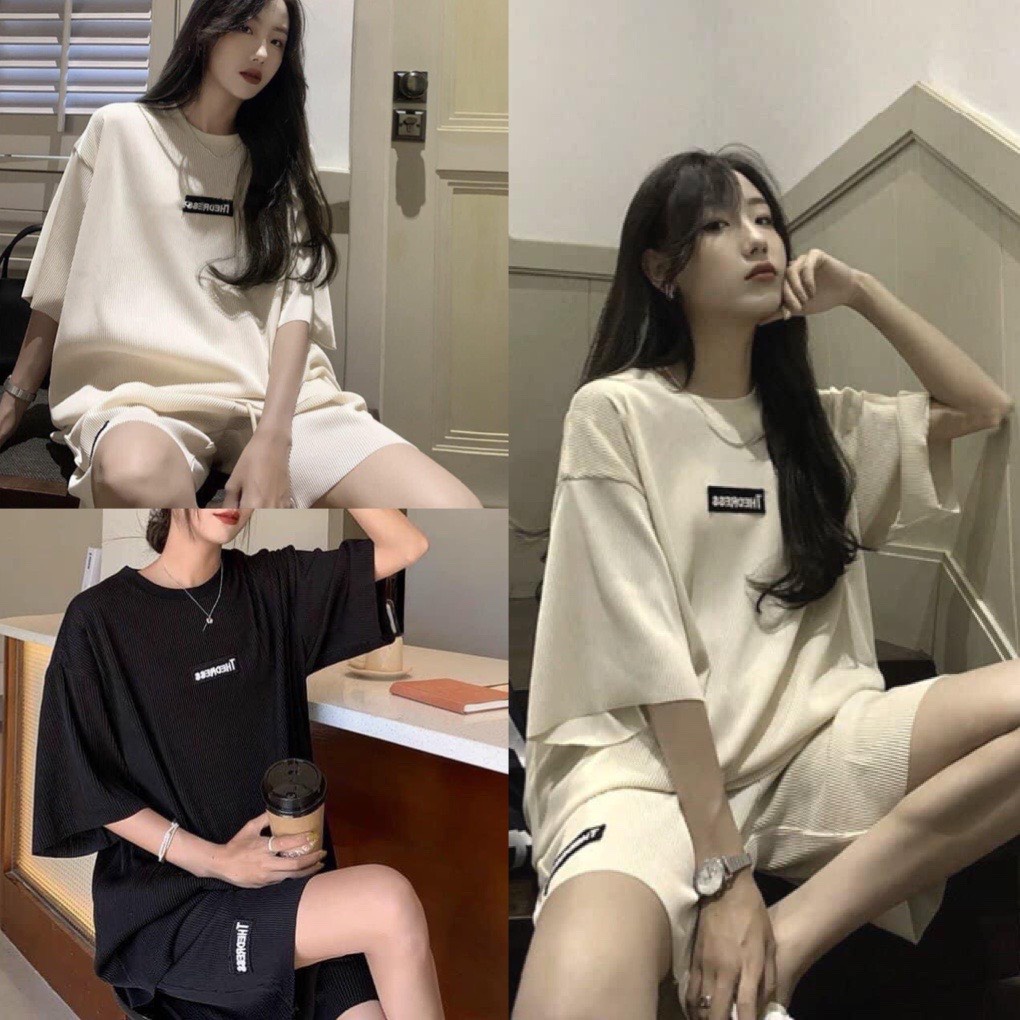 Set bộ thể thao nam nữ UNISEX chất  nhung tăm thêu logo THEDRESS màu trắng đe- áo thun tay lỡ kèm quần short đùi ulzzang