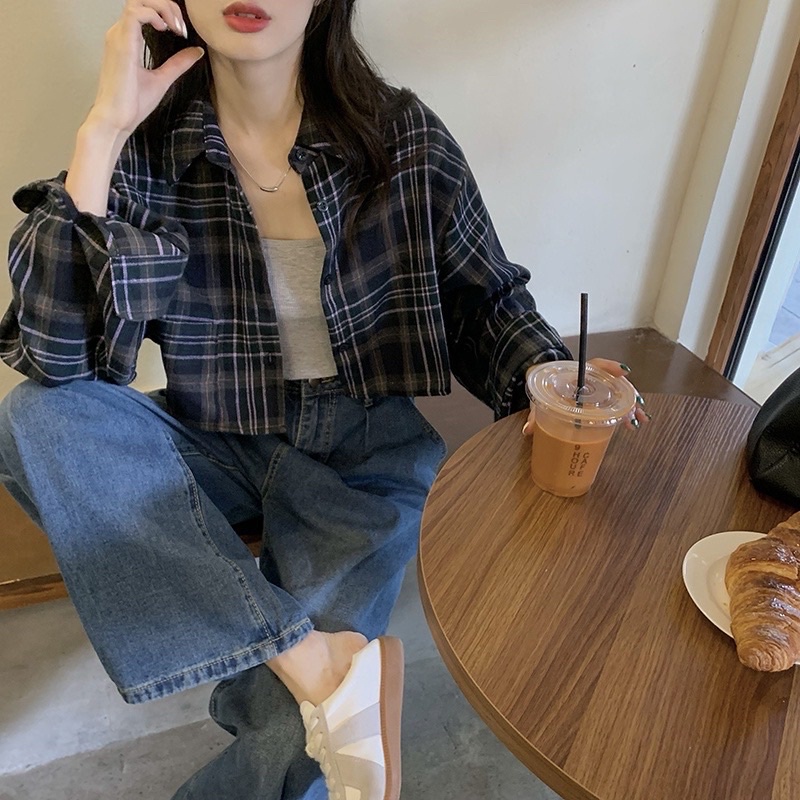 Pass nhanh Áo sơ mi caro croptop tay dài size S