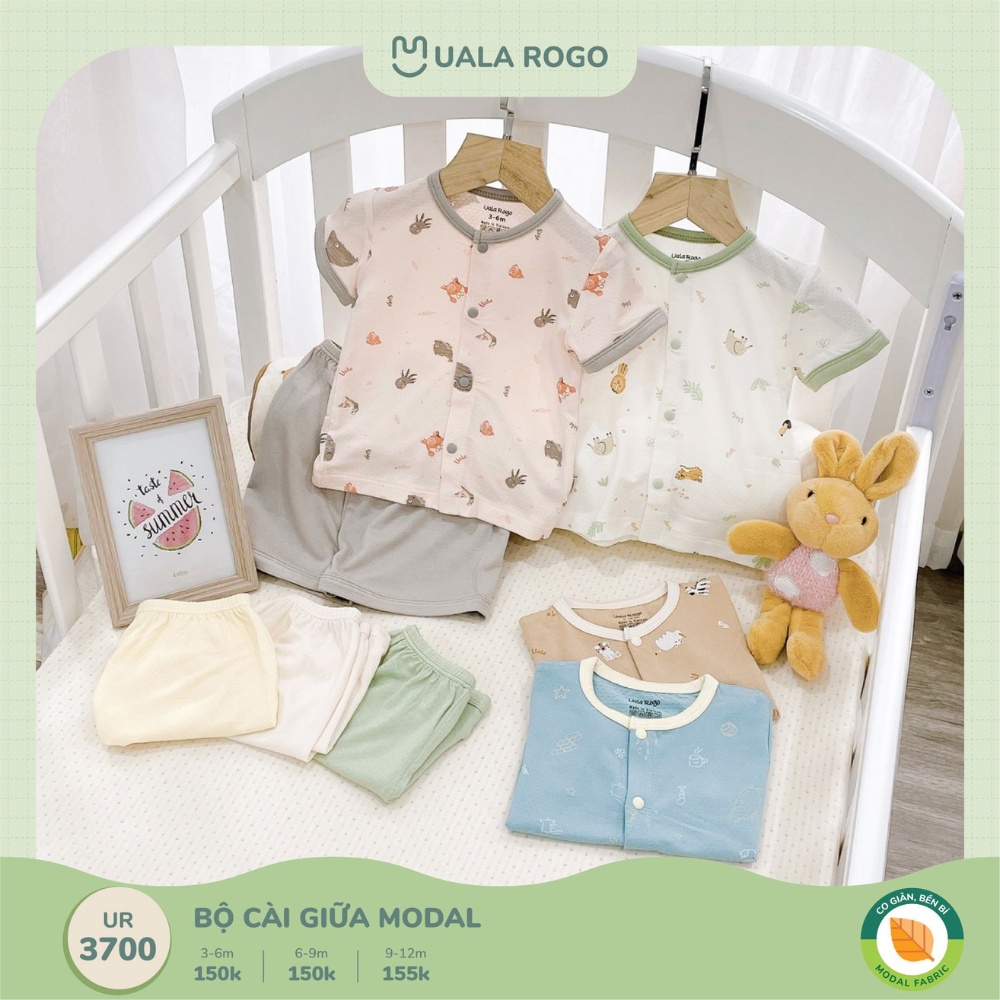 Bộ quần áo cộc tay cho bé Ualarogo 3 - 12 tháng vải Modal cúc giữa mềm mại thấm hút thoáng mát 3700