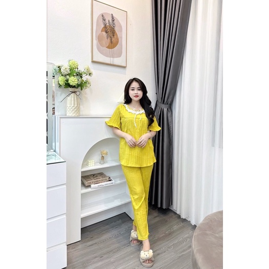 Bộ bầu trước và sau xinh phối cổ ren bèo xinh xắn,Freesize 3 màu xanh,vàng,hồng chất đũi xốp