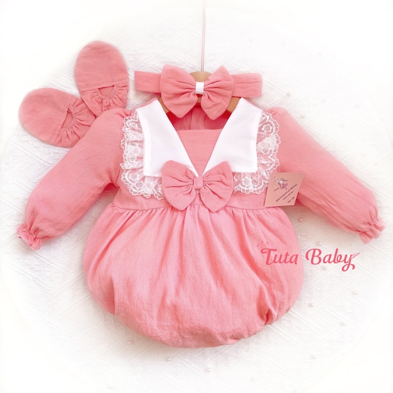 Bodysuit Cho Bé Gái Từ Sơ Sinh Đến 2 Tuổi, Body Đũi Hồng Dài Tay Kèm Turban Và Bao Chân Xinh Iu 💗