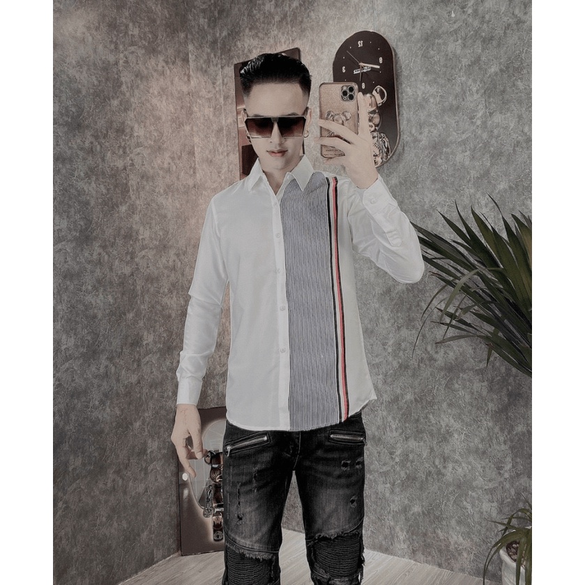Áo Sơ Mi Nam Dài Tay Cổ Bẻ Vải Kate Lụa Mịn Mát Phối Sọc Trẻ Trung Lịch Lãm NEW UNISEX