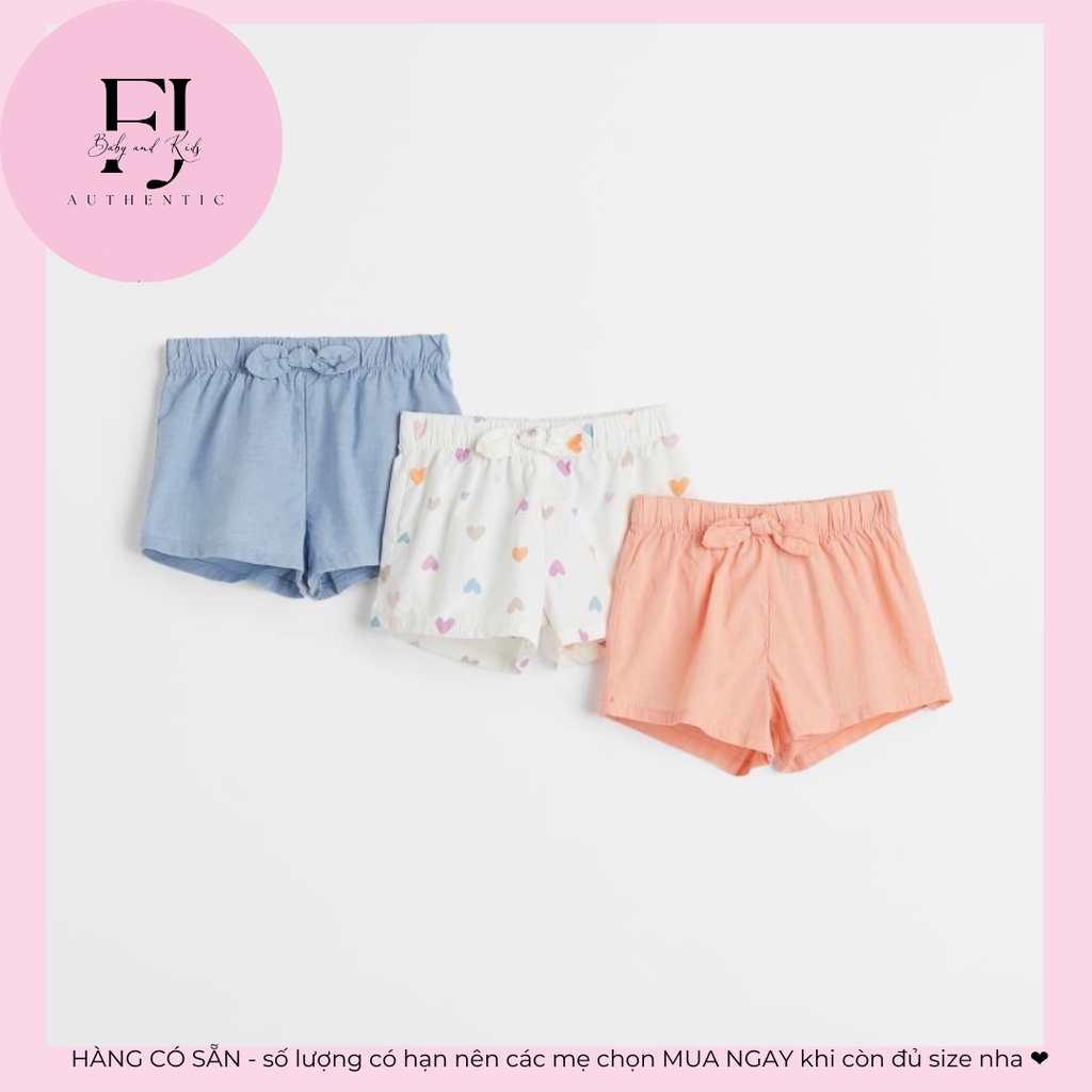 Quần trẻ em chính hãng HM, quần bé gái quần đùi xanh trơn, quần đùi cam trơn, quần đùi trắng họa tiết, hàng hiệu cho bé