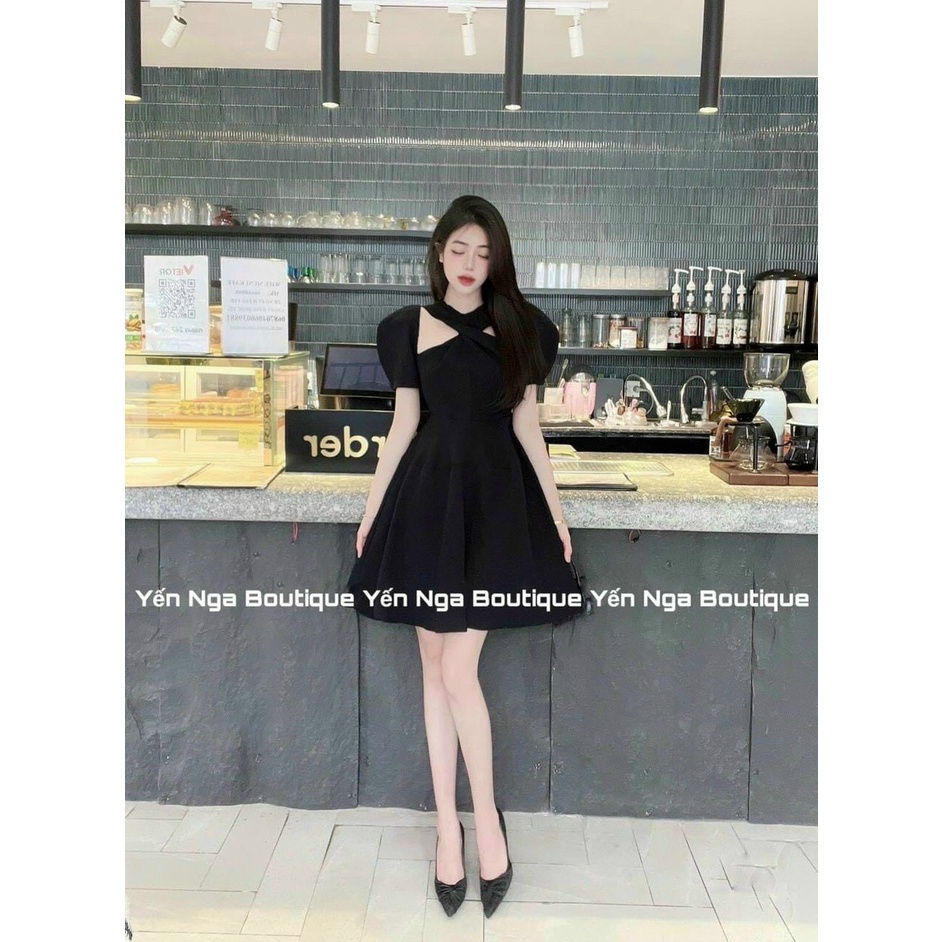 Đầm hè xòe bồng tay phồng chất vải kate tiểu thư bánh bèo cổ chéo cut vai hottrend