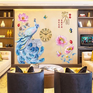 Decal dán tường Chim công xanh 3D và hoa sen hồng