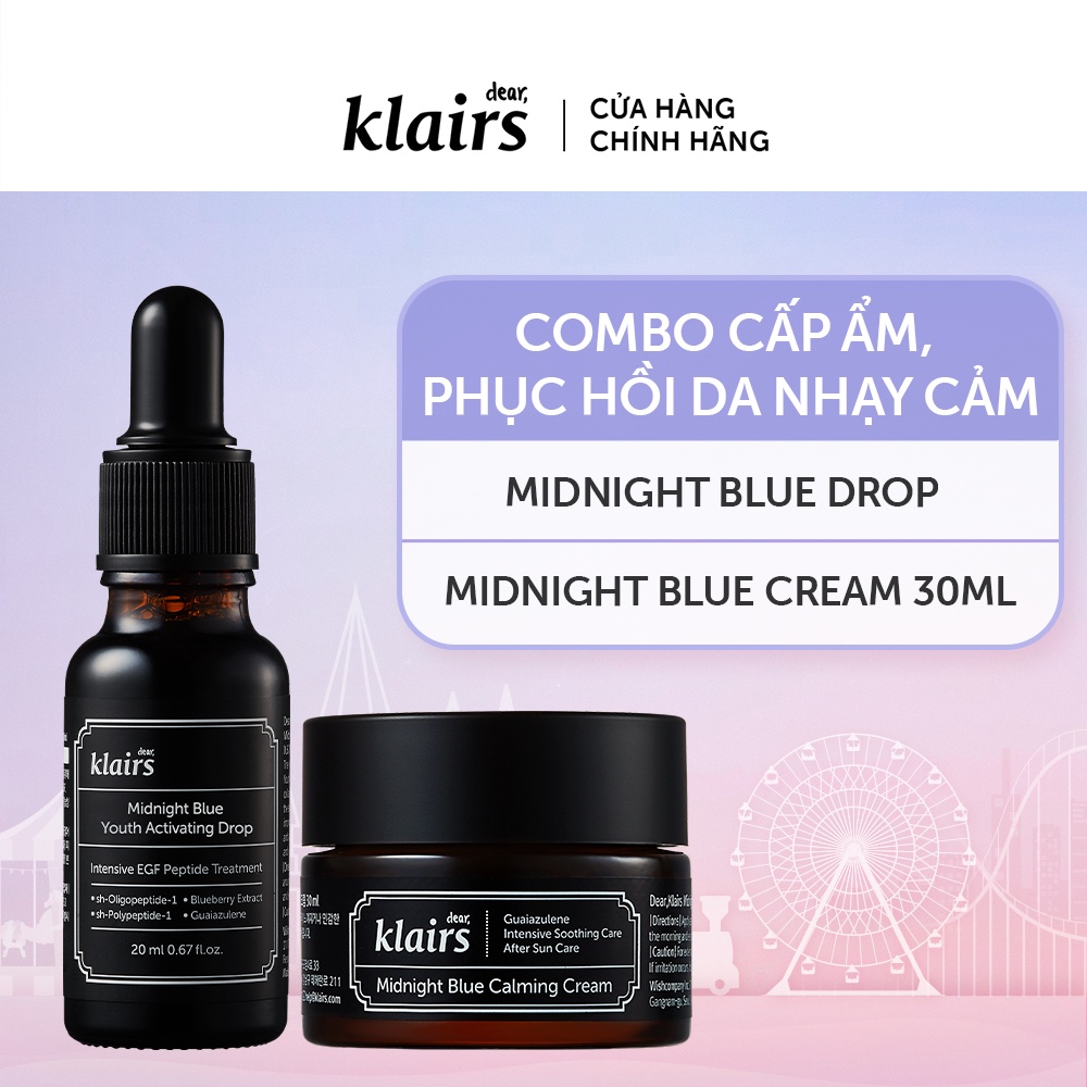 Combo Dear, Klairs tinh chất Midnight Blue Youth Activating Drop 20ml + Kem dưỡng Midnight Blue Calming Crem 30g