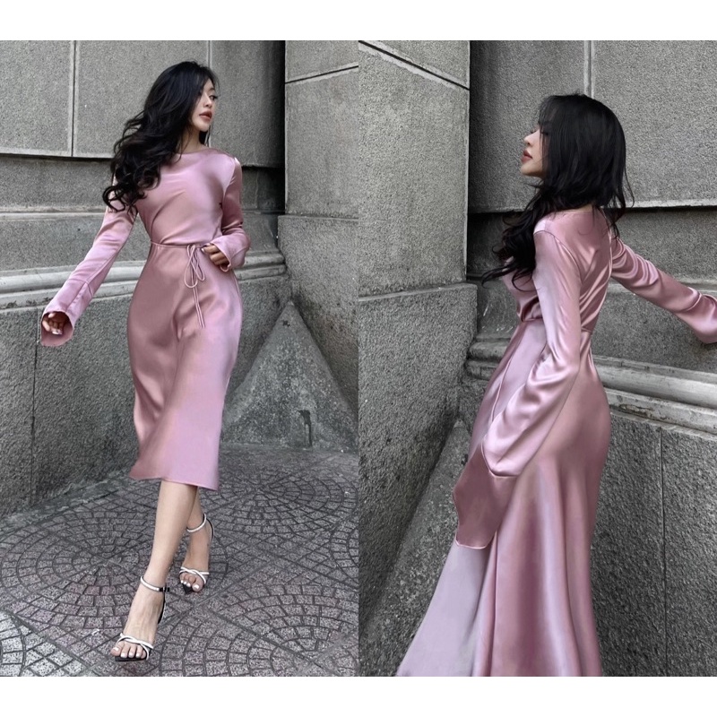 Đầm lụa suông tay dài cổ tròn kín đáo, kèm dây thắt eo