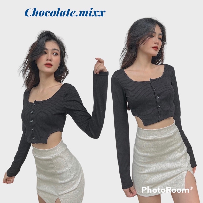 BUTTON CROPTOP▪Áo khoét eo nút khâu tay dài