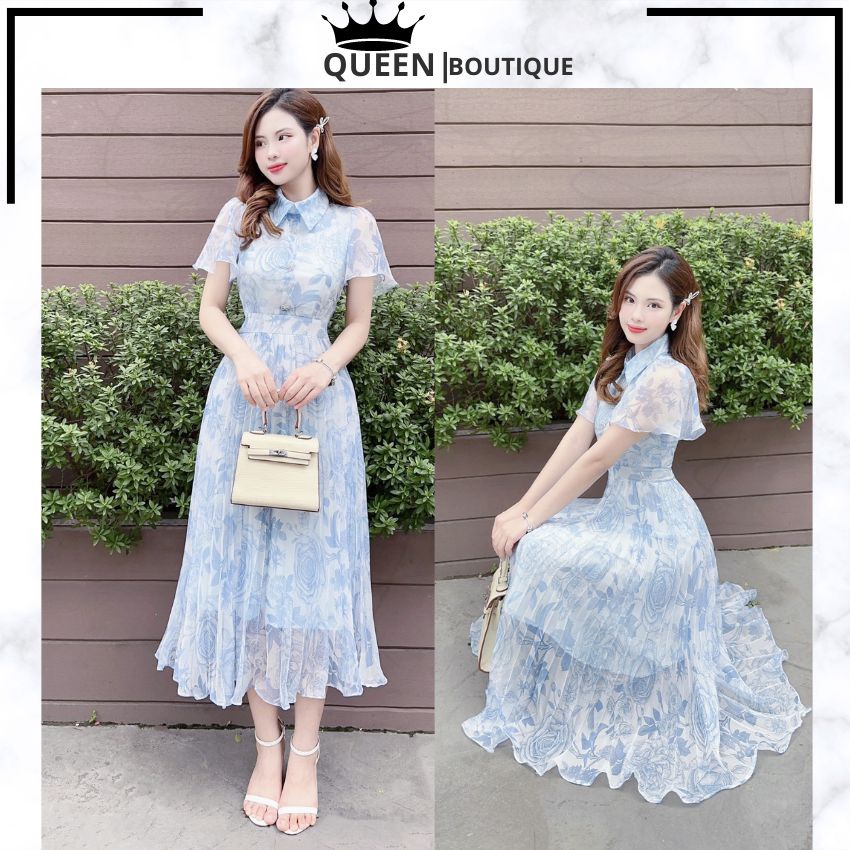 Váy voan hoa QUEEN A202 dáng dài, cổ sơ mi, có lót trong dày dặn cao cấp phù hợp dự tiệc, du lịch, công sở