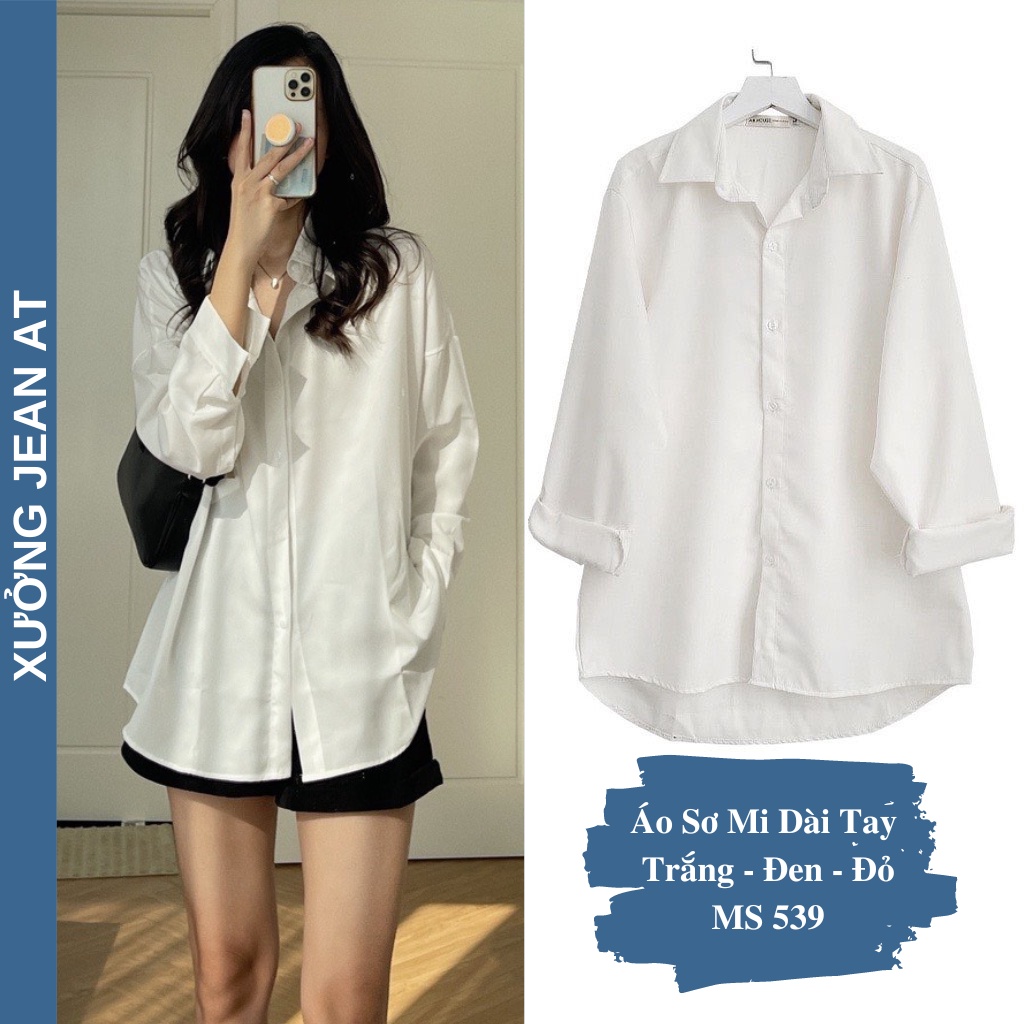 Áo Sơ Mi Nữ Form Rộng Dài Tay Cotton Lụa Hàn Unisex Màu Trắng Đen Đi Học, Đi Làm, Văn Phòng, Công sở Cực Xinh 539