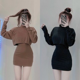 Set đầm body ba lỗ cổ lọ dáng ngắn phối áo tay dài