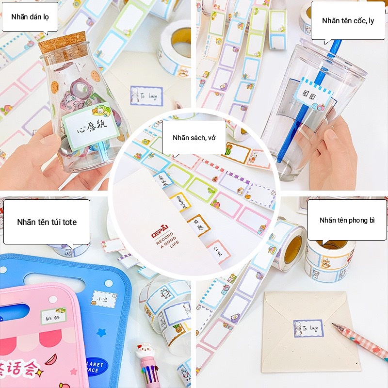 Cuộn 350 sticker nhãn dán ghi tên dán vật dụng hoạt hình dễ thương (2,5x3,7mm)